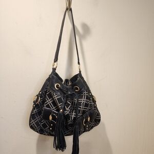 Jones New York Black and Gray Shoulder Bag with Gold Studs and Tassel
